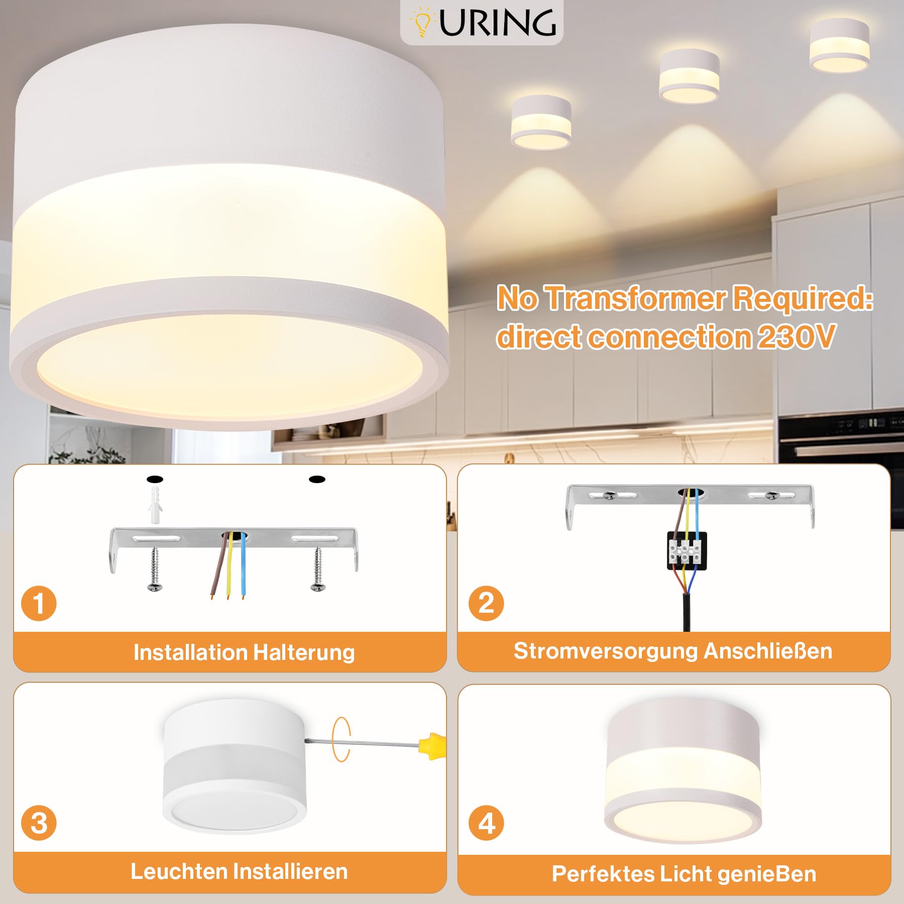 4 x reflektor sufitowy LED, możliwość ściemniania, lampa sufitowa IP65 z pilotem APP, reflektor sufitowy 12 W biały 2700K-6500K Płaski natynkowy reflektor aluminiowy 230 V, okrągły sufit