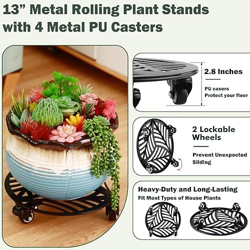 Miniatura 2 de 2 paquetes de metal para plantas con ruedas de 13 pulgadas, soportes rodantes de hierro forjado de alta resistencia con ruedas para interiores y