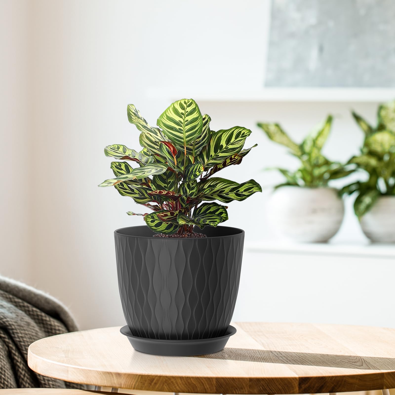 Homeuouz 5 Packs Blumentopf mit Bewässerungssystem, 20.3cm Pflanzentopf mit Bewässerungssystem, Übertopf mit Untersetzer, Blumentöpfe Set Ideal für Innen und Balkongärten, Schwarz