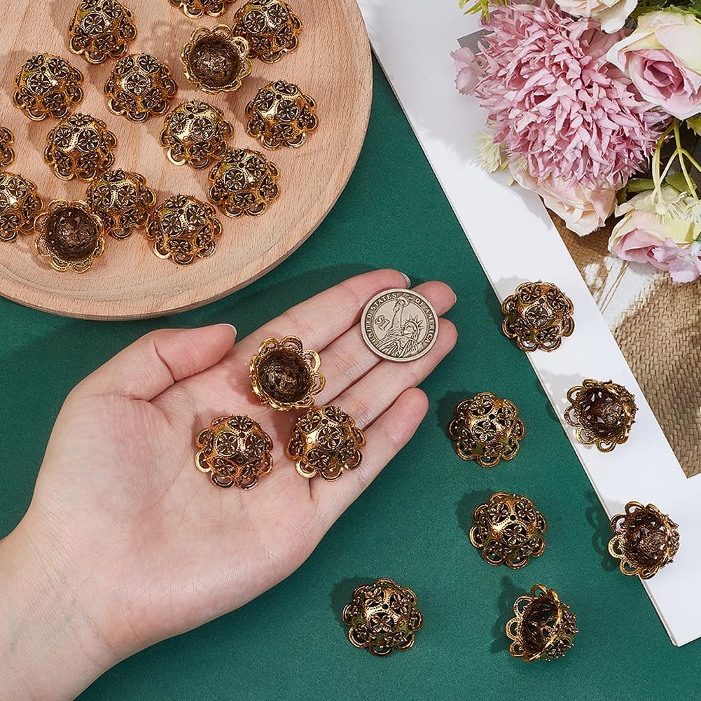 PH PandaHall 24pcs Flower Bead Caps Tibetan Style Bead Caps Antique Golden End Cap Covers Metal Hollow Flower End Cap for Tassel Jewelry Making Bracelet Earring Necklace DIY Craft Findings, 26.5x16mm image 3