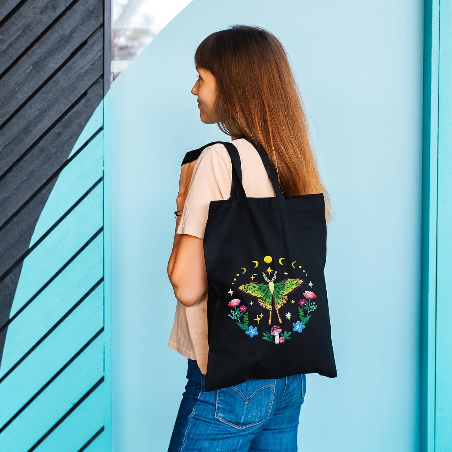 Nuberlic Embroidery Tote Bag Kit for Beginners with Moth Pattern