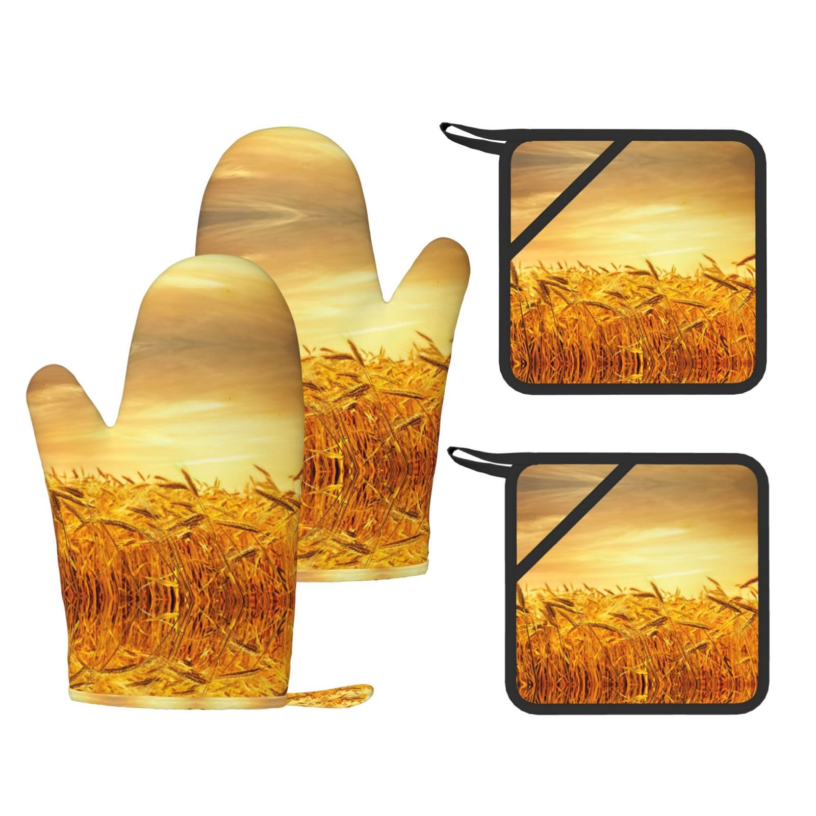Wheat Field Printed Oven Mitts and Pot Holders Set of 4, Heat Resistant Silicone Gloves for Baking Grilling