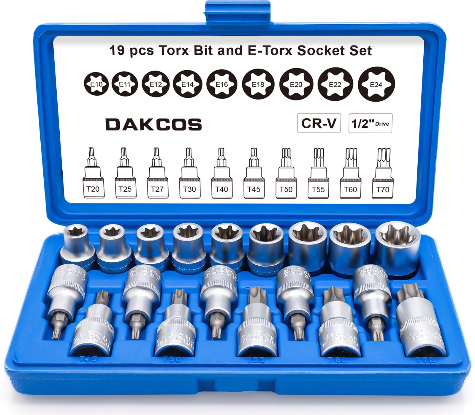 DAKCOS 19pcs Torx Bit Socket and Female External Socket Set, 1/2", E10-E24 & T20-T70 with Storage Case, CR-V