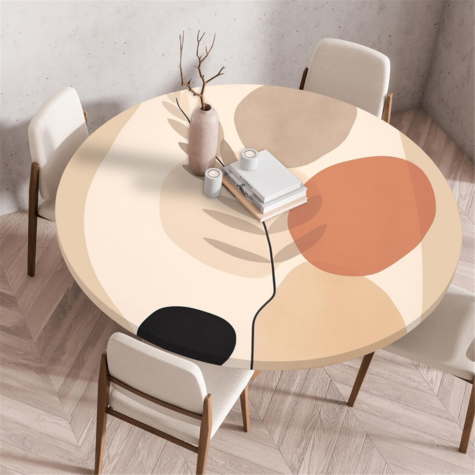 Odot Elastic Edged Round Fitted Tablecloth Protector 3D Printed Wipeable Circle Tablecloth Indoor Outdoor Table Cover Wipe Clean for Tabletop Kitchen Dining Room picnic (130cm,Nordic)
