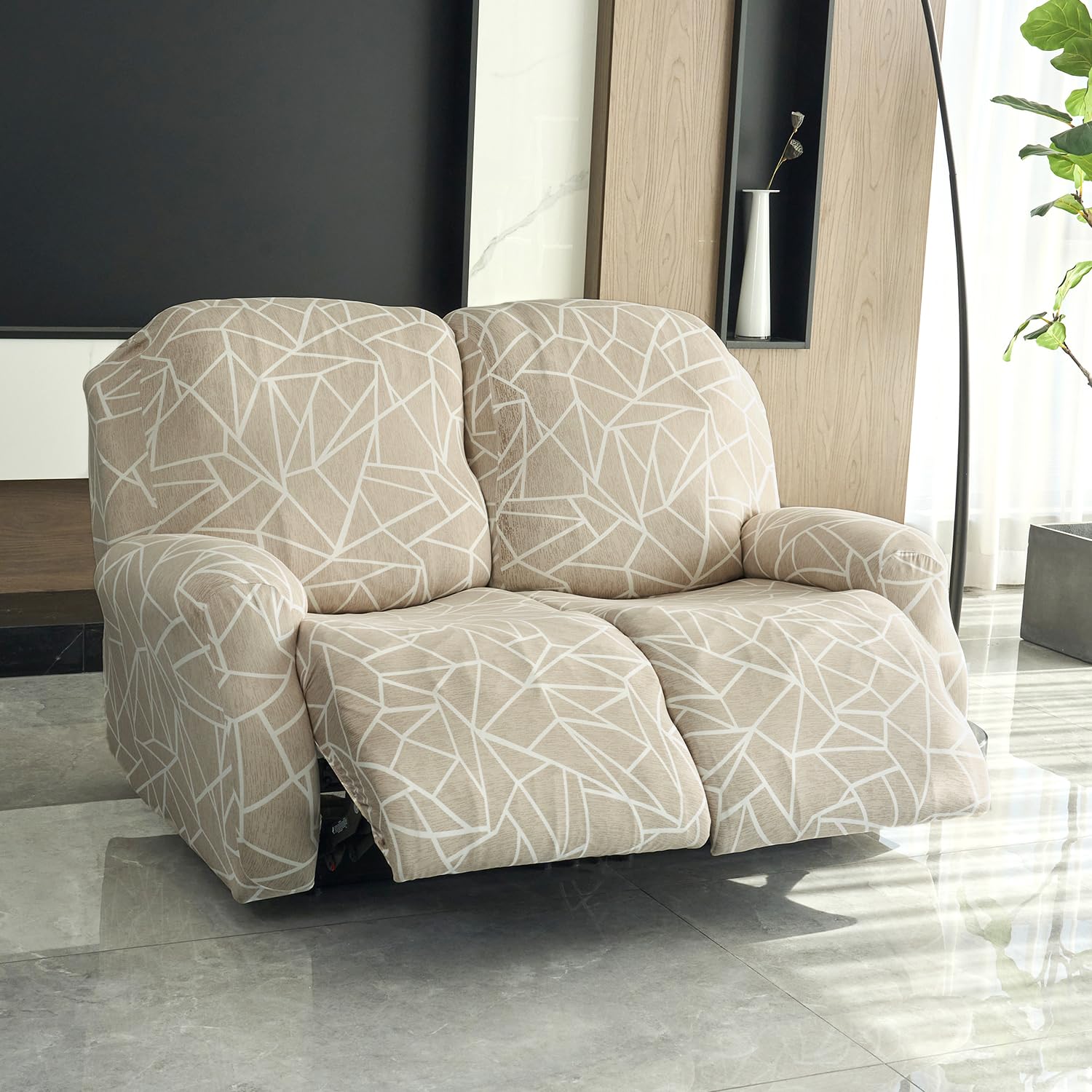 HOKIPO Polyester Blend 140Gsm Stretchable Recliner Sofa Cover 2 Seater,Beige Abstract Geometry(Ar-4941-C3)