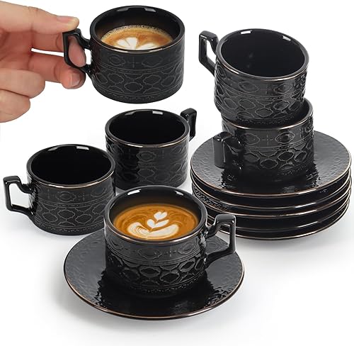 Juego de 6 tazas de té y platillos, juego de té vintage en relieve de porcelana para expreso, café, moca, capuchino, fiesta de té de la tarde para