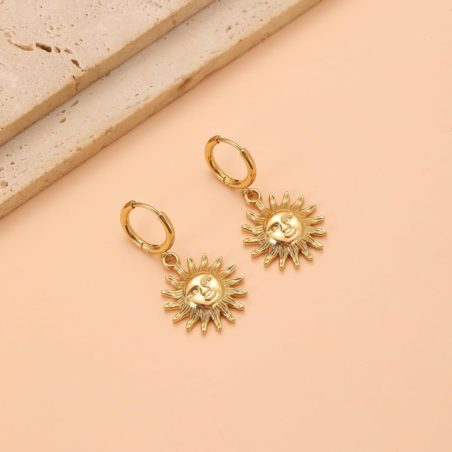 Gold Sun Face Drop Earrings, Celestial Dangle Hoop Design, 3.8cm Length, 2cm Width, Lightweight 6.1g - Image 2