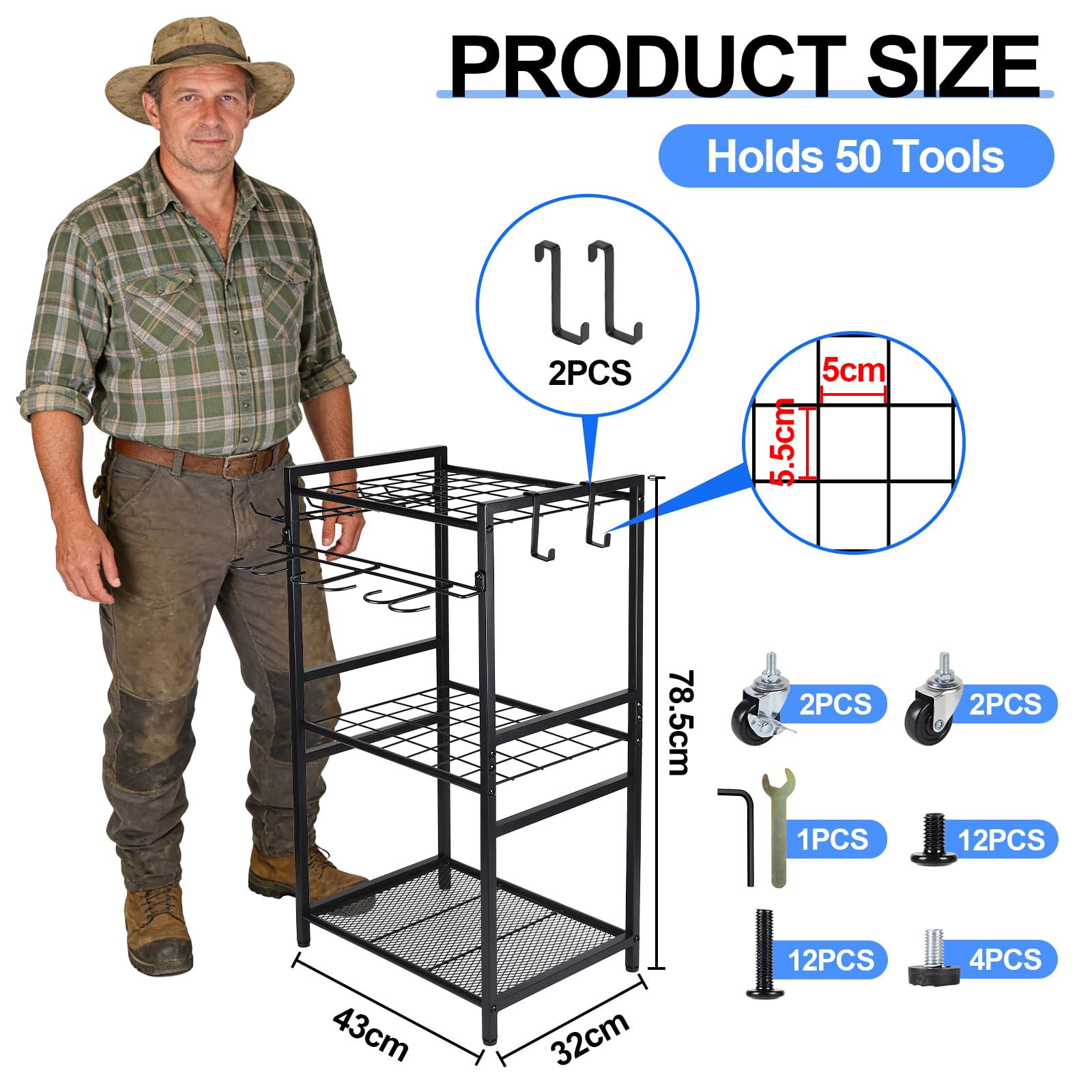 efuturetime Organizer na narzędzia ogrodowe z kołami, metalowy uchwyt na narzędzia ogrodowe, przechowywanie 50 narzędzi 80 x 40 x 32 cm do przechowywania miotły, łopat i grabiarek do garażu, szopy