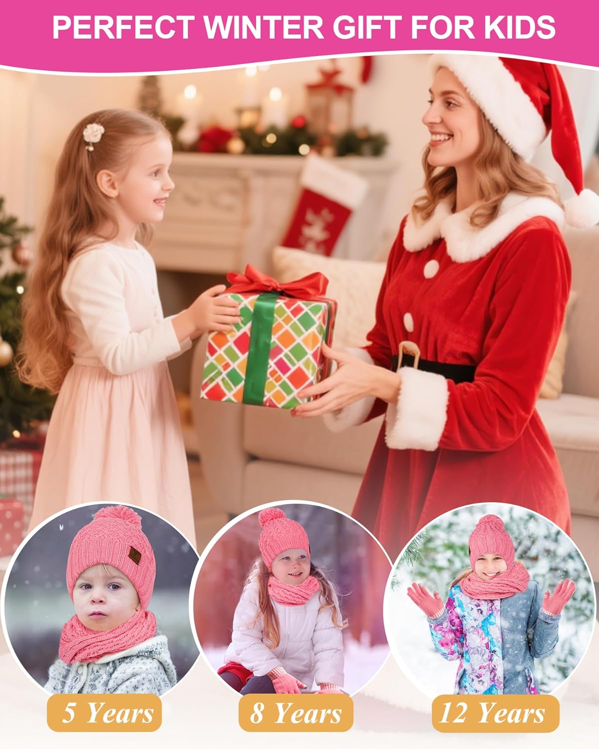 Kids Winter Hat Gloves Scarf Set, Girls Boys Toddler Winter Hat Beanie Pom Knitted Scarves Mittens Fleece Lined Age 5-12 - Image 7