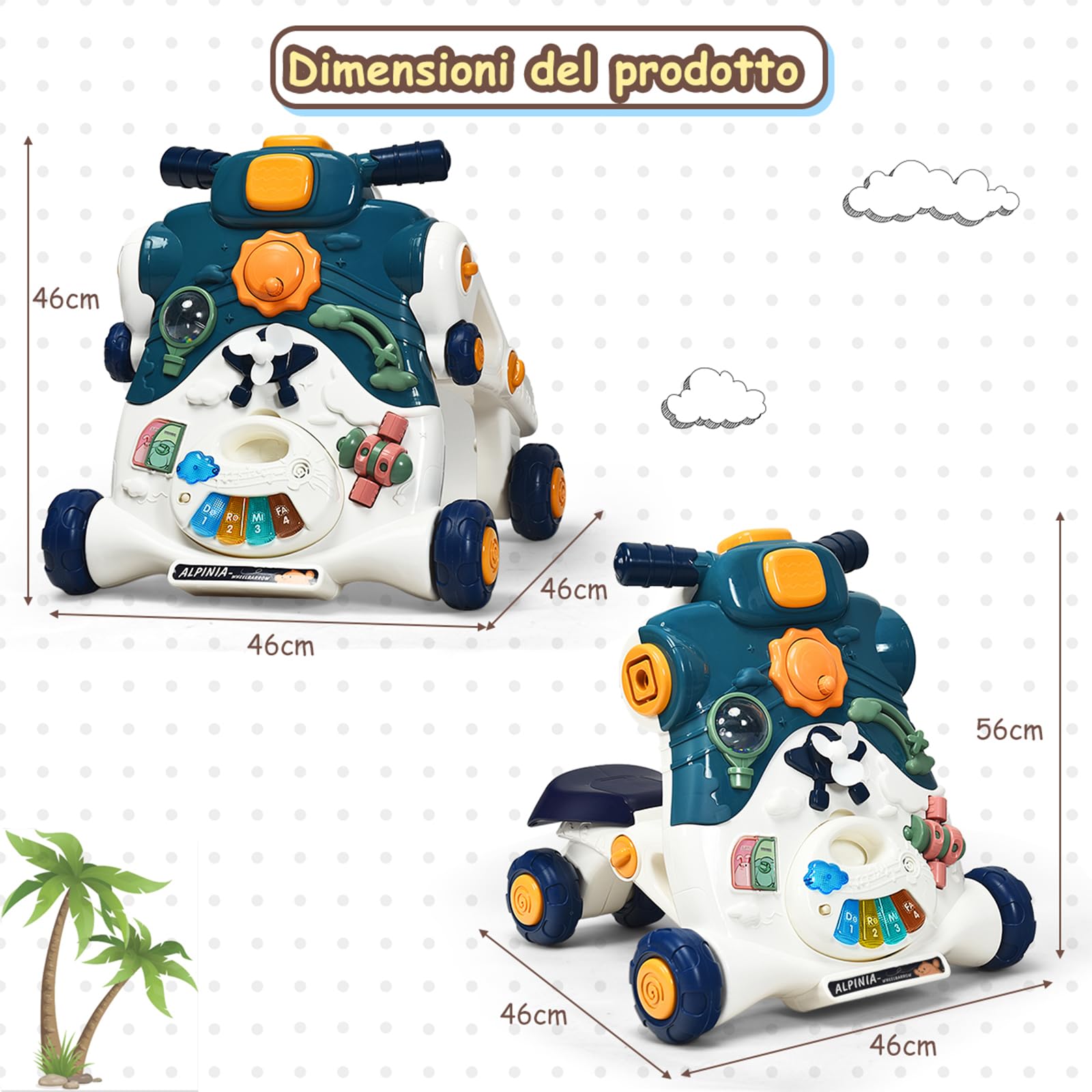 COSTWAY 3 in 1 Primi Passi Cavalcabile Spingibile, Giocattolo Educativo con Musica e Luci, con 4 Ruote Antiscivolo, Ideale per Bambini 6-36 Mesi (Blu)