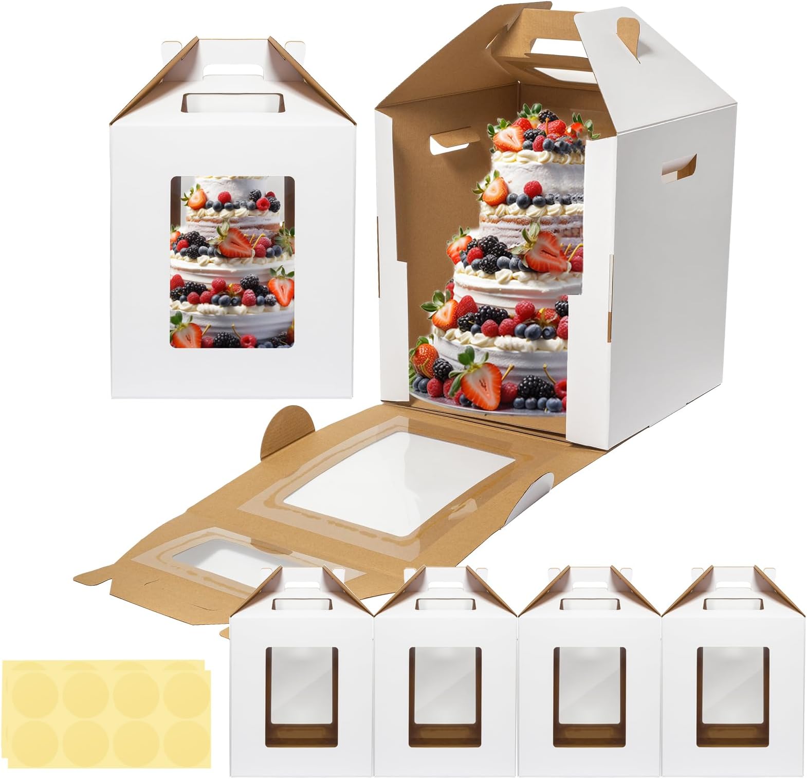 Mcfleet Tall Cake Boxes 4 Pack 12x12x14 for Tier Cakes with Window - 12 Inch Disposable Large Layer Bakery Carrier with Handle - Bakery Safe Transport Box for Wedding, Birthday, Party