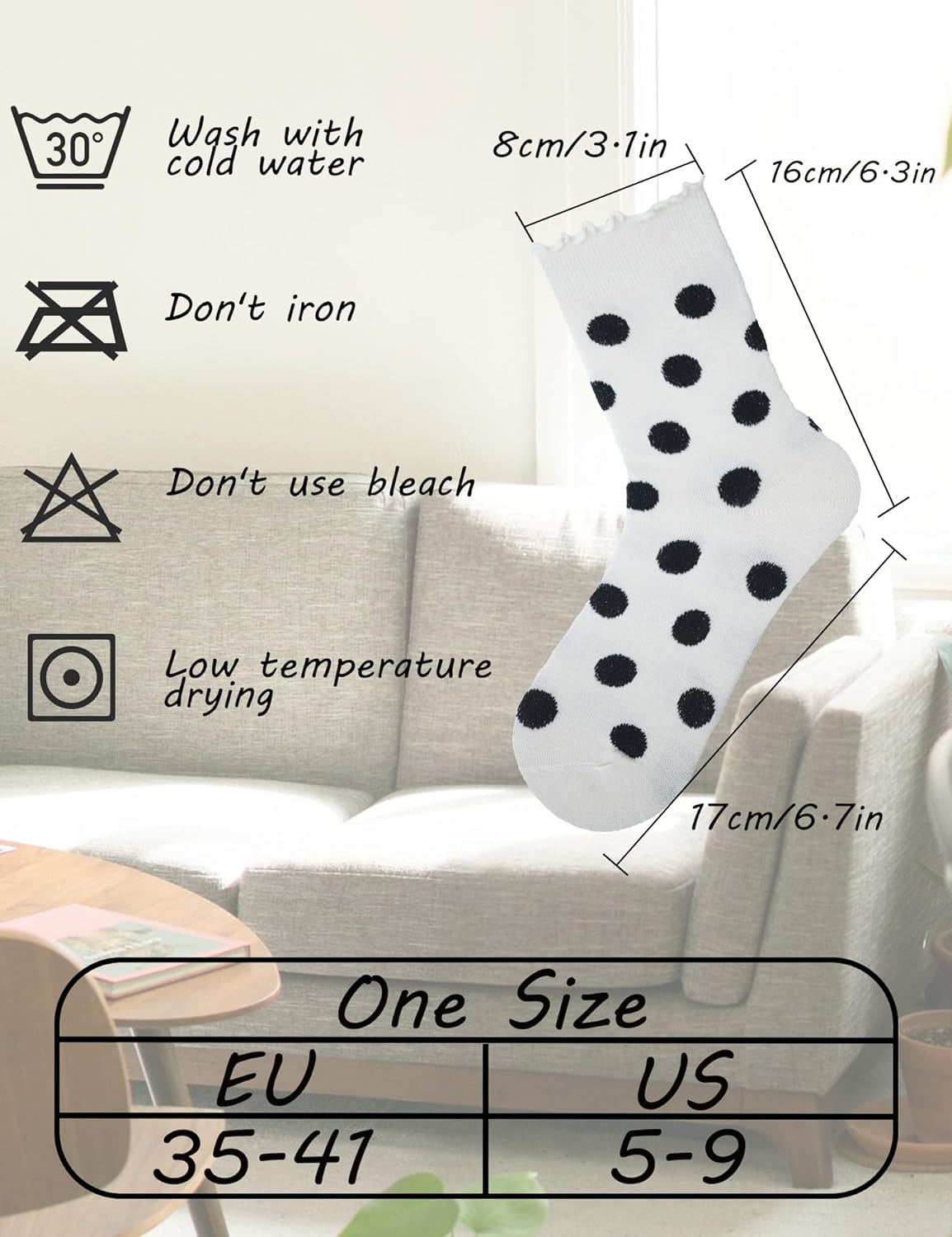 Ruffle Socks for Women Polka Dot Cute Crew Socks,Soft Thin Cotton-Casual Athletics,6 Pairs(Size 5-9) - Image 4