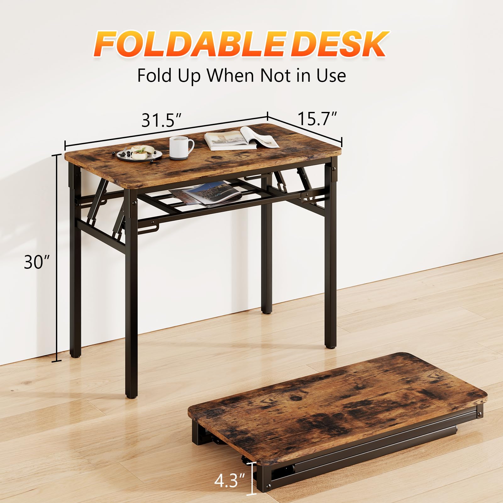 BYMECOST 80 cm großer Klapptisch, kleiner Schreibtisch, keine Montage, Computertisch mit Ablage, keine Installation, kleiner faltbarer Tisch für Heimbüro, Arbeitszimmer für kleinen Raum (Braun, 80 cm)