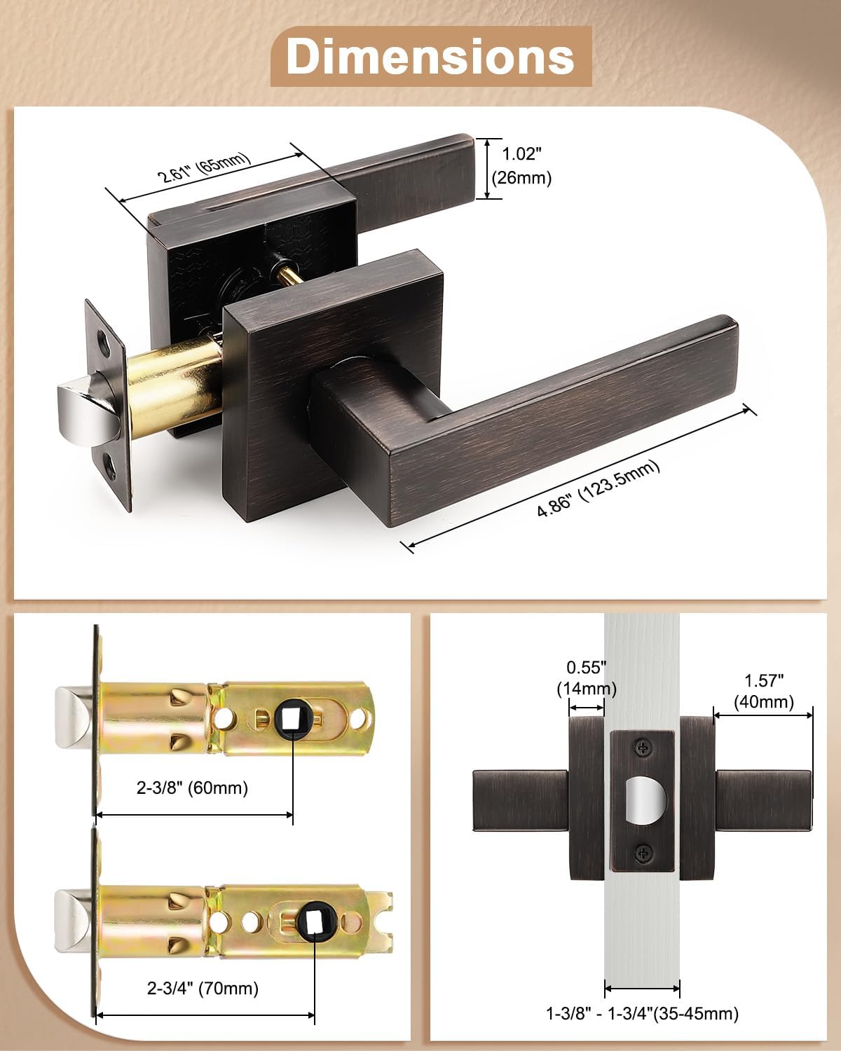 Probrico Heavy Duty Door Handles Levers with Modern Square Design for Home Hall or Closet Passage in Oil Rubbed Bronze, Non-Locking Keyless Universal Handing Leverset,2 Pack