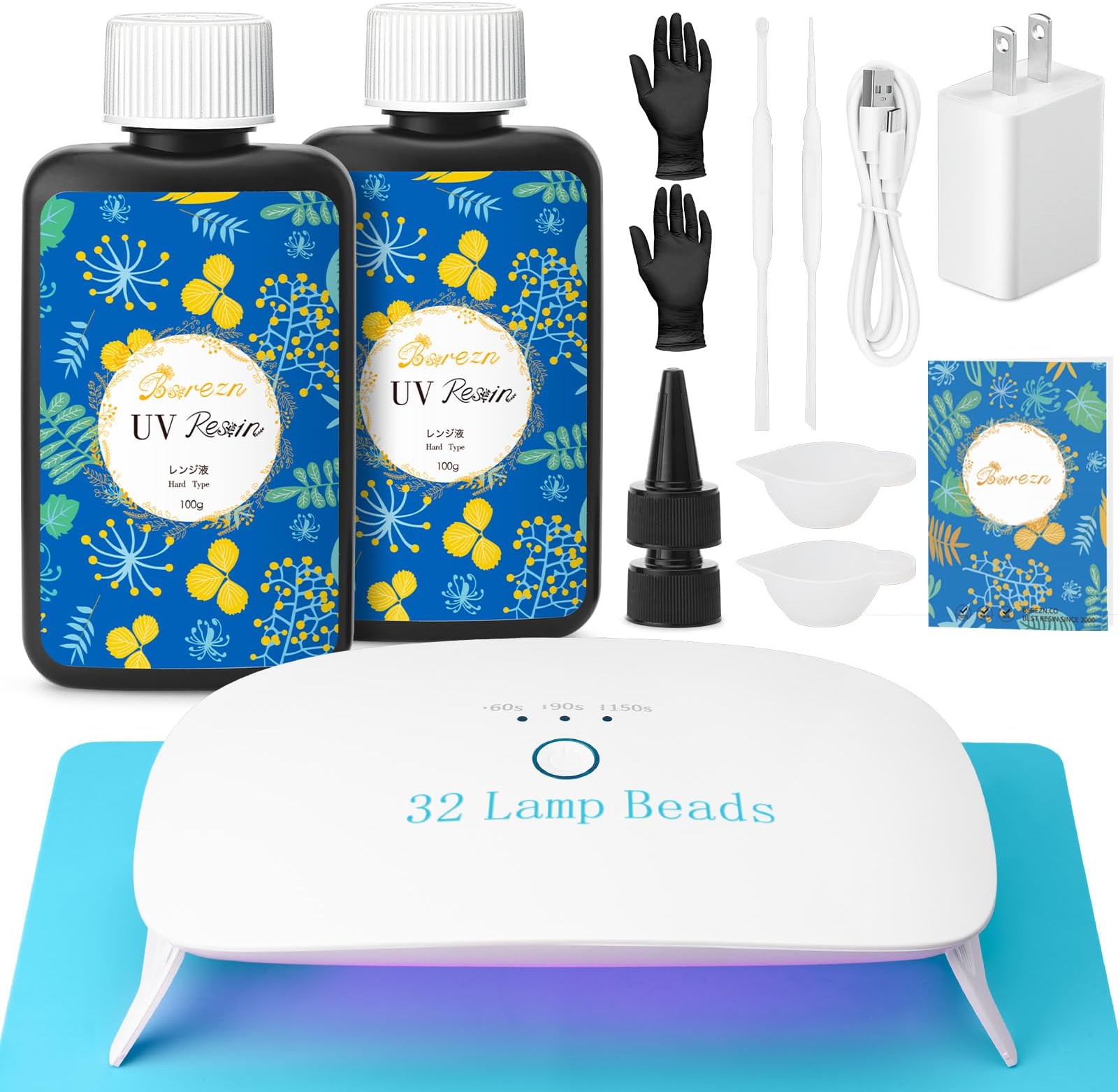 Bsrezn 200g UV Resin Kit with Upgraded UV Light, Crystal Clear Solar Activated UV Resin for Jewelry Making (100g x 2)
