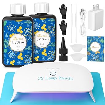 Bsrezn 200g UV Resin Kit with Large Light 32 Beads, Crystal Clear Solar Activated UV Epoxy Resin for Jewelry Making 100g x 2