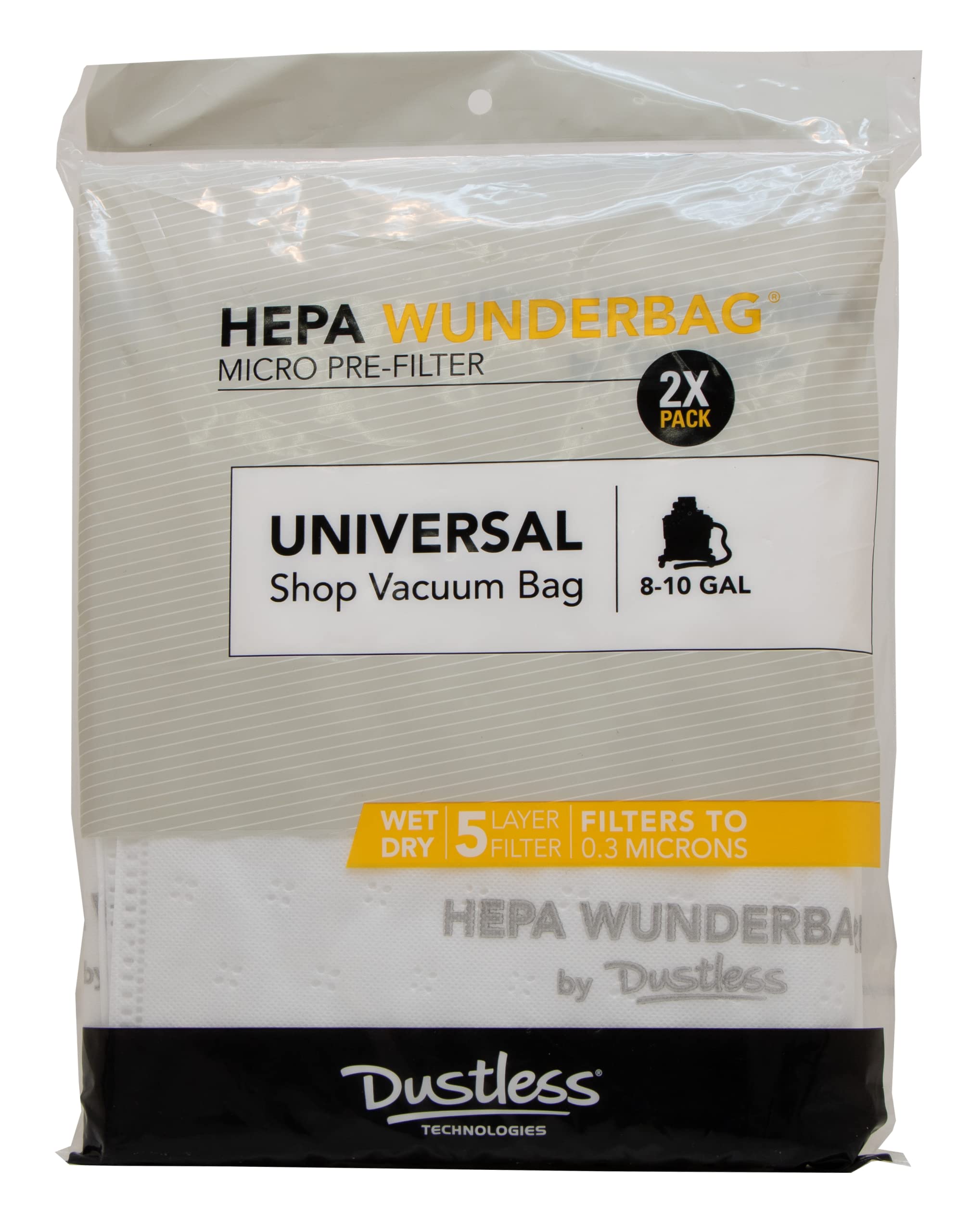 HEPA Dustless Technologies Wunderbag(8-10 Gallon)-Shop Vac Universal High Capacity Pre-Filter Bags for Wet Dry Vacuums, 2 Pack. Commercial, Contractor, Professional, Home use. Wet and Dry Vac