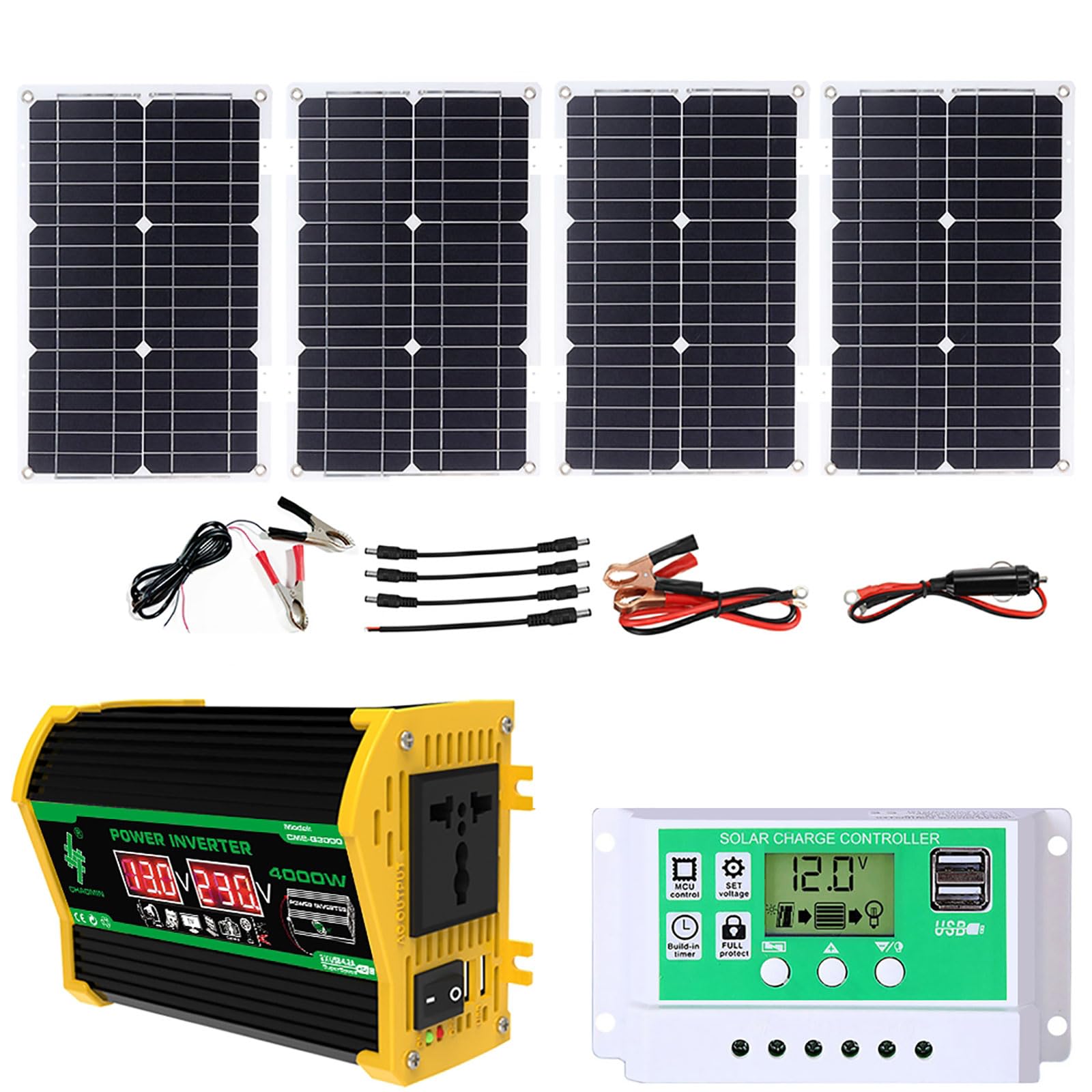 Kit Pannello Solare off-Grid da 4000 W con Pannello Impermeabile da 100 W e regolatore di Carica da 12 V 50 A for Campeggio e Uso all'aperto(Black)