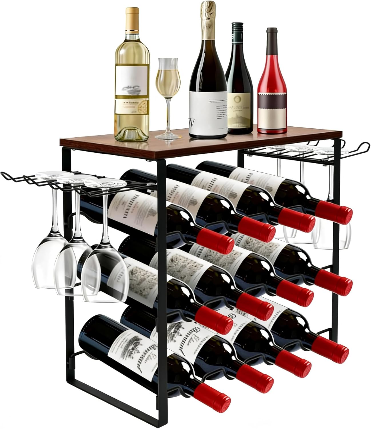 Black 3-Tier Wavy Wine Rack for 12 Bottles, Freestanding Metal Wine Storage with Top Tabletop Shelf and Side Wine Glass Holder, Ideal for Bar Counter, Cabinet, Pantry and Small Spaces
