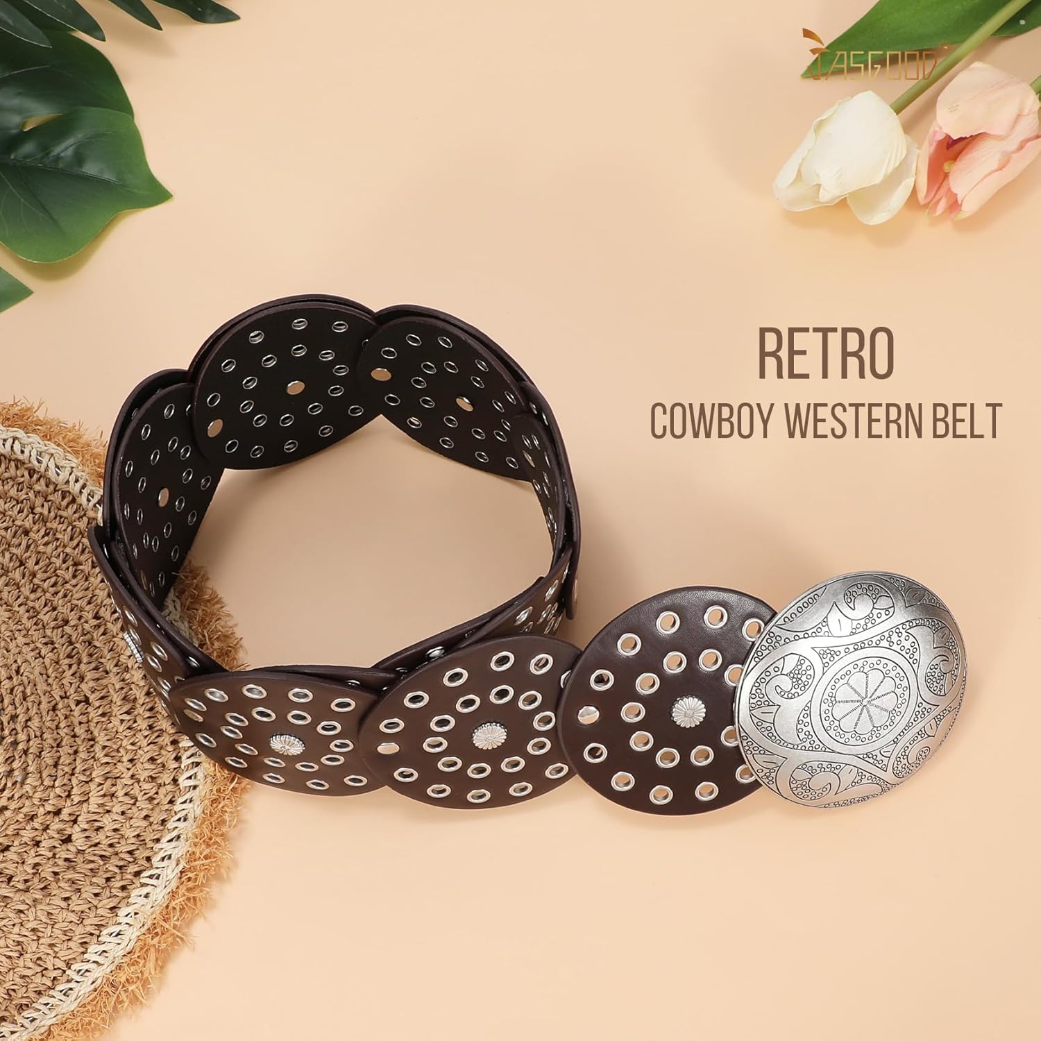 JASGOOD Western Belts for Women Wide Hollow Disc Leather Belt Cowgirl Waist Belt for Jeans Dresses with Metal Buckle - Image 3