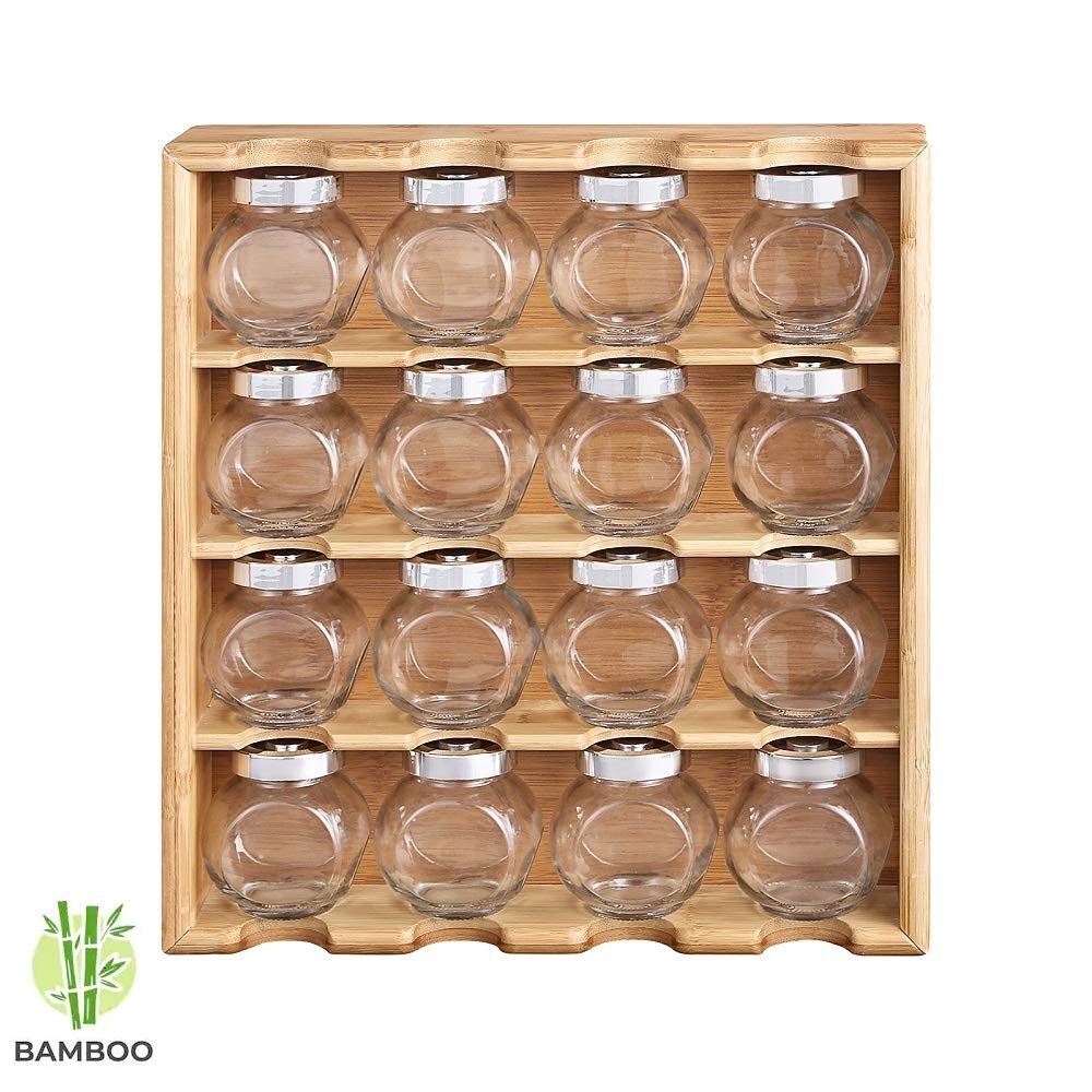 Decopatent Kräuterregal mit 16 Kräutertöpfen aus Glas - Küchenregal/Gewürzregal aus Bambusholz - Küchenorganisierer mit 4 Böden - hängend und stehend verwendbar