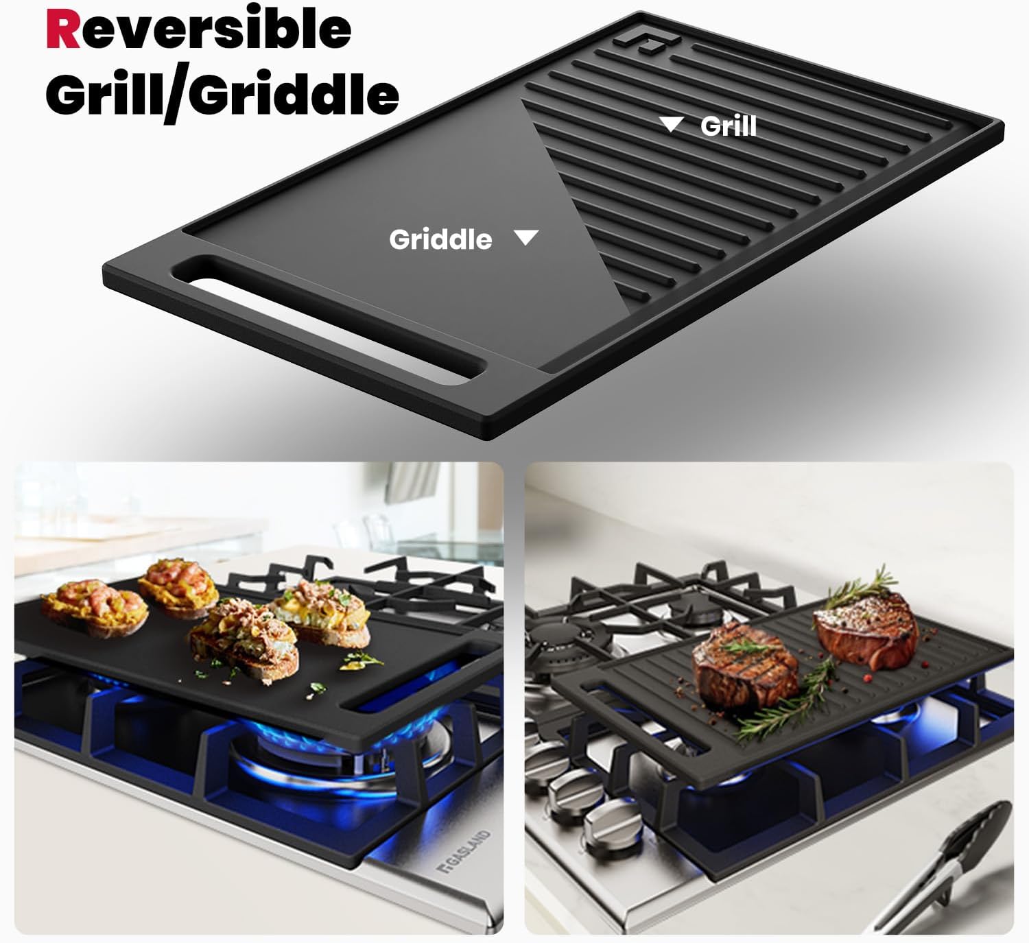GASLAND 24 Inch Gas Cooktop with Griddle, 4 Sealed Burners Stovetop, LPG/NG Convertible Dual Fuel Natural Gas Hob, Heavy Duty Cast Iron Grates, Electronic Ignition, Zinc Alloy Knobs, Stainless Steel