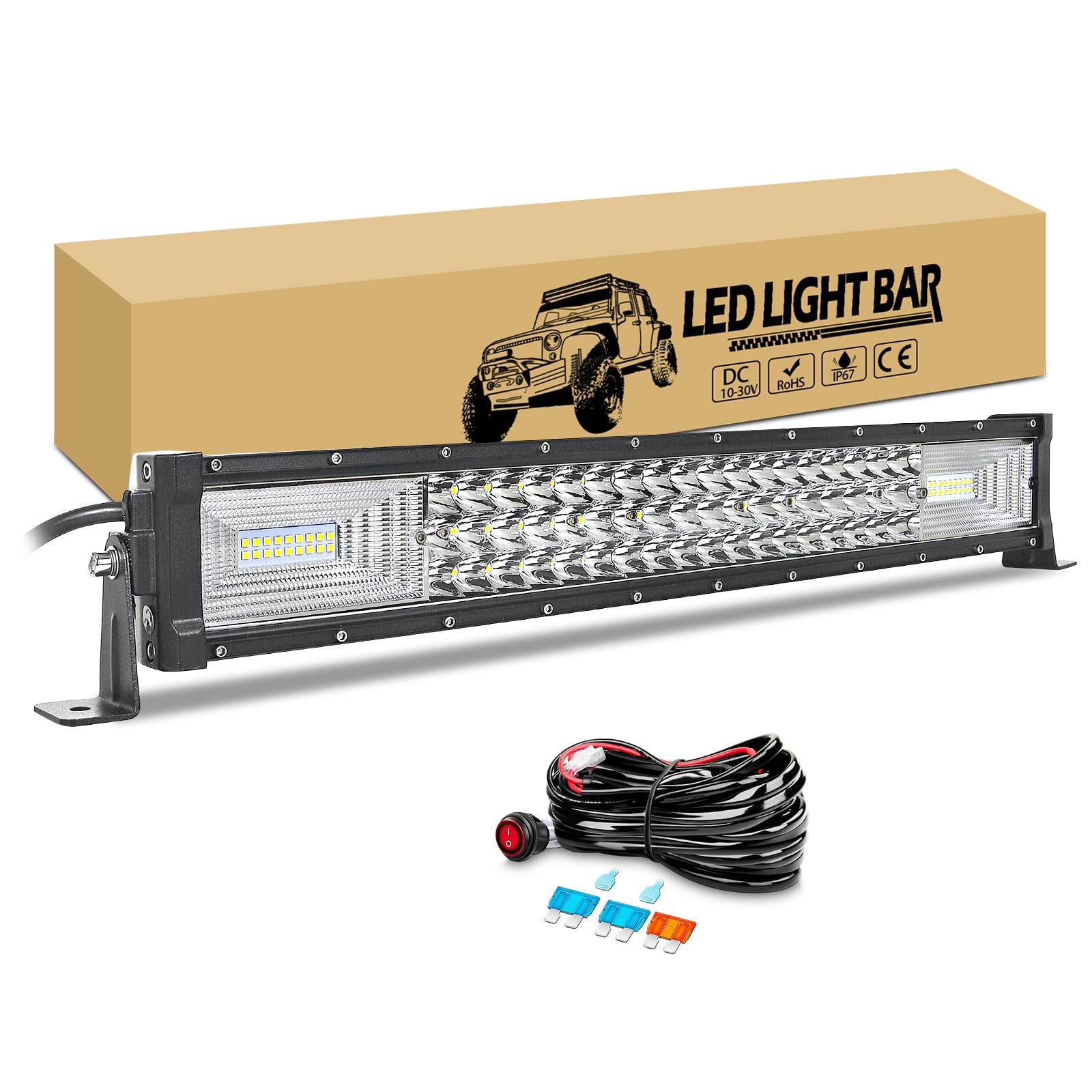 RIGIDON 22 Pulgadas 56cm 270W Curvada Barra de Led 4x4 con 12V Kit de cableado, Triple Fila Barra Luminosas led, Largo Alcance Faros Antiniebla para Coche Todoterreno Off Road Camión Tractor SUV
