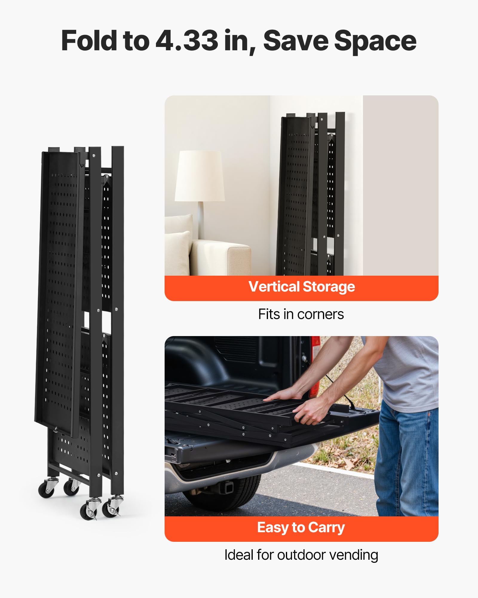 VEVOR Scaffale Portaoggetti Pieghevole a 3 Ripiani con Ruote, Scaffale in Metallo Pieghevole, Robusto Resistente Senza Montaggio, Ideale per Garage, Cucina, Cantina Nero 330 x 710 x 910 mm