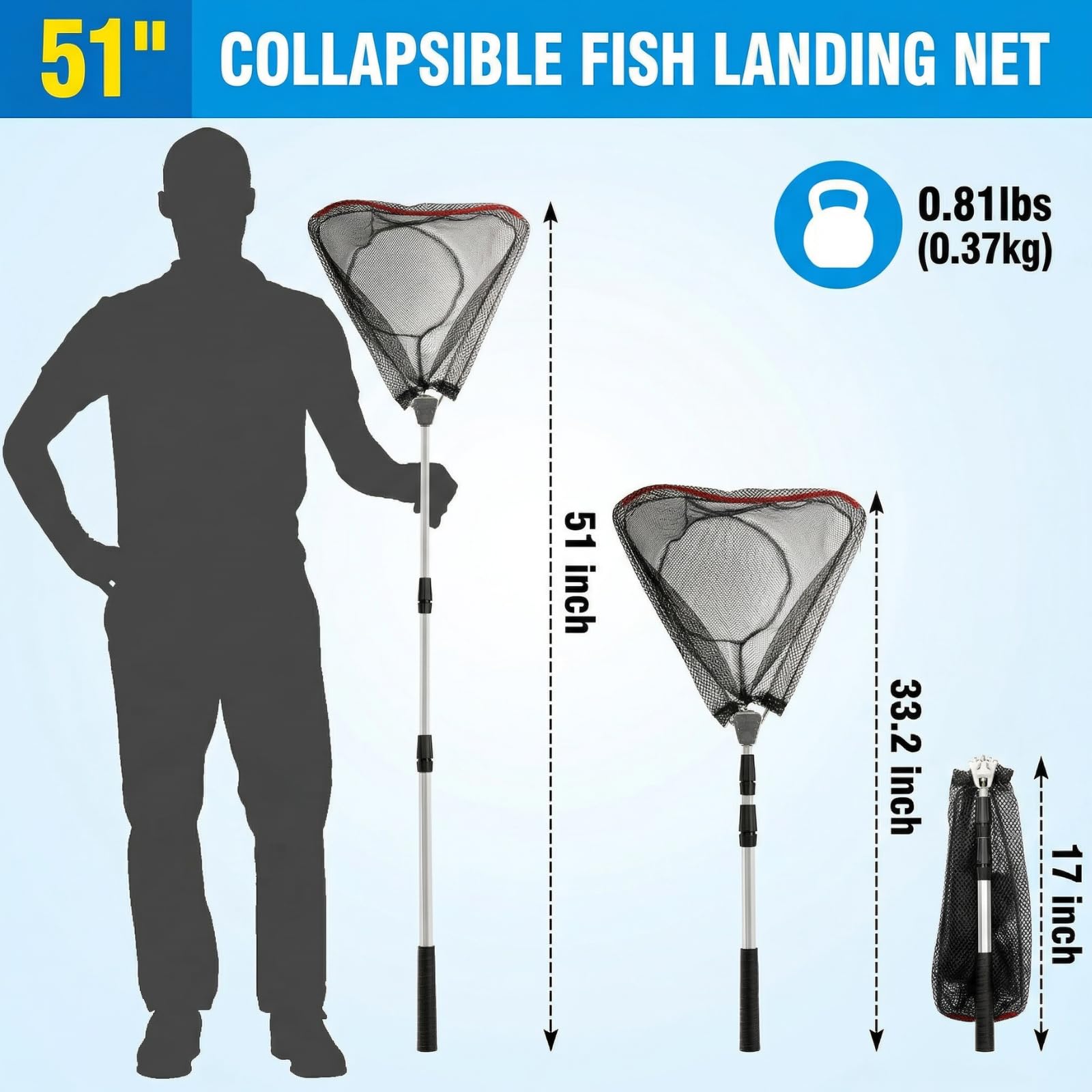 ZENFUN 2 Pack Fishing Net with Telescopic Pole Handle, Fish Landing Net with Sturdy Collapsible Handle, Folding Nylon Mesh Landing Net for Saltwater and Freshwater, Extend to 51 in(Black, White)