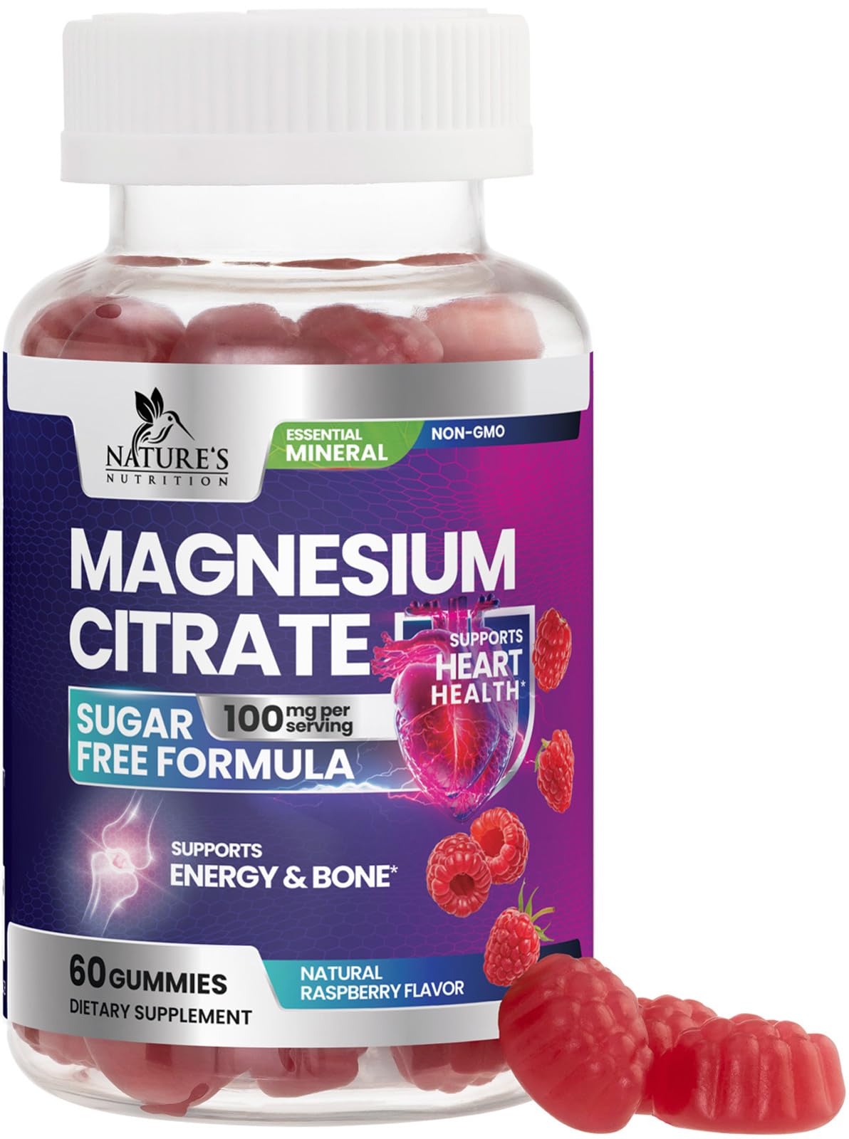 Magnesium Citrate Gummies - High Absorption Magnesium Gummy Supplement - Sugar-Free, Natural Support for Calm & Relaxation - Mag Citrate for Nerve, Bone & Heart Support for Adults - Vegan - 60 Gummies