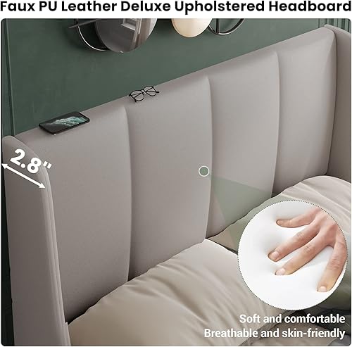 Miniatura 5 de DICTAC Base de cama tapizada Queen con 4 cajones de almacenamiento y cabecera trasera de lujo con alas marco de cama moderno de piel sintética con