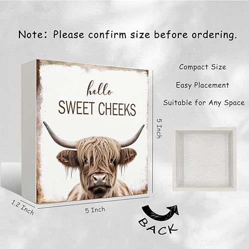 Miniatura 2 de Highland Cow - Decoración de baño de Hello Sweet Cheeks, letrero rústico de madera de vaca de las tierras altas del oeste, 5 x 5 pulgadas
