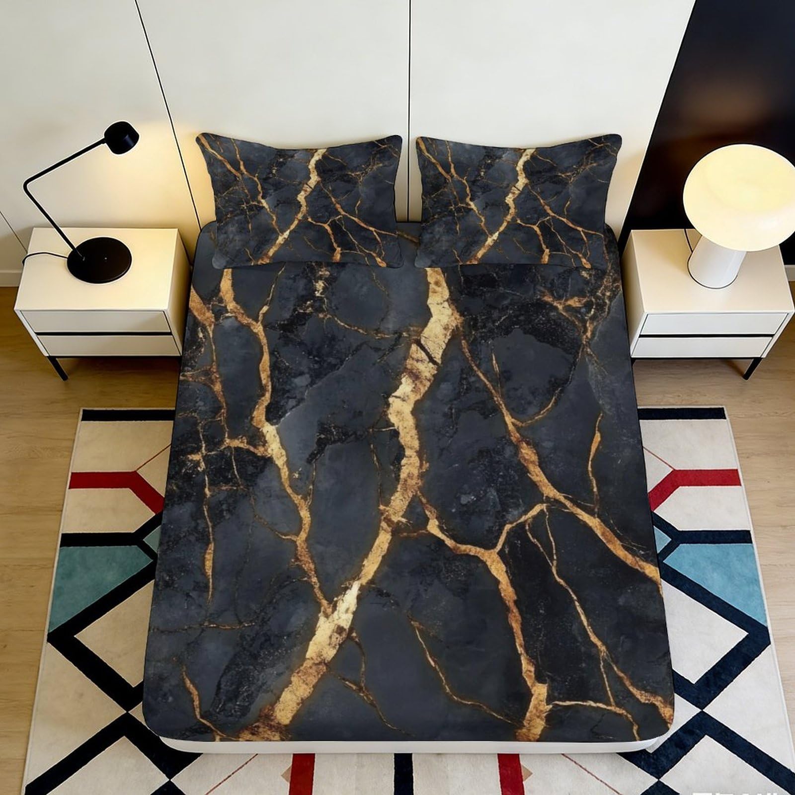 3D Printed Black Marble Fitted Sheet Microfiber Soft Elastic Gold Vein Bed Cover for Bedroom Guestroom Mattress Protection 90x200x25cm