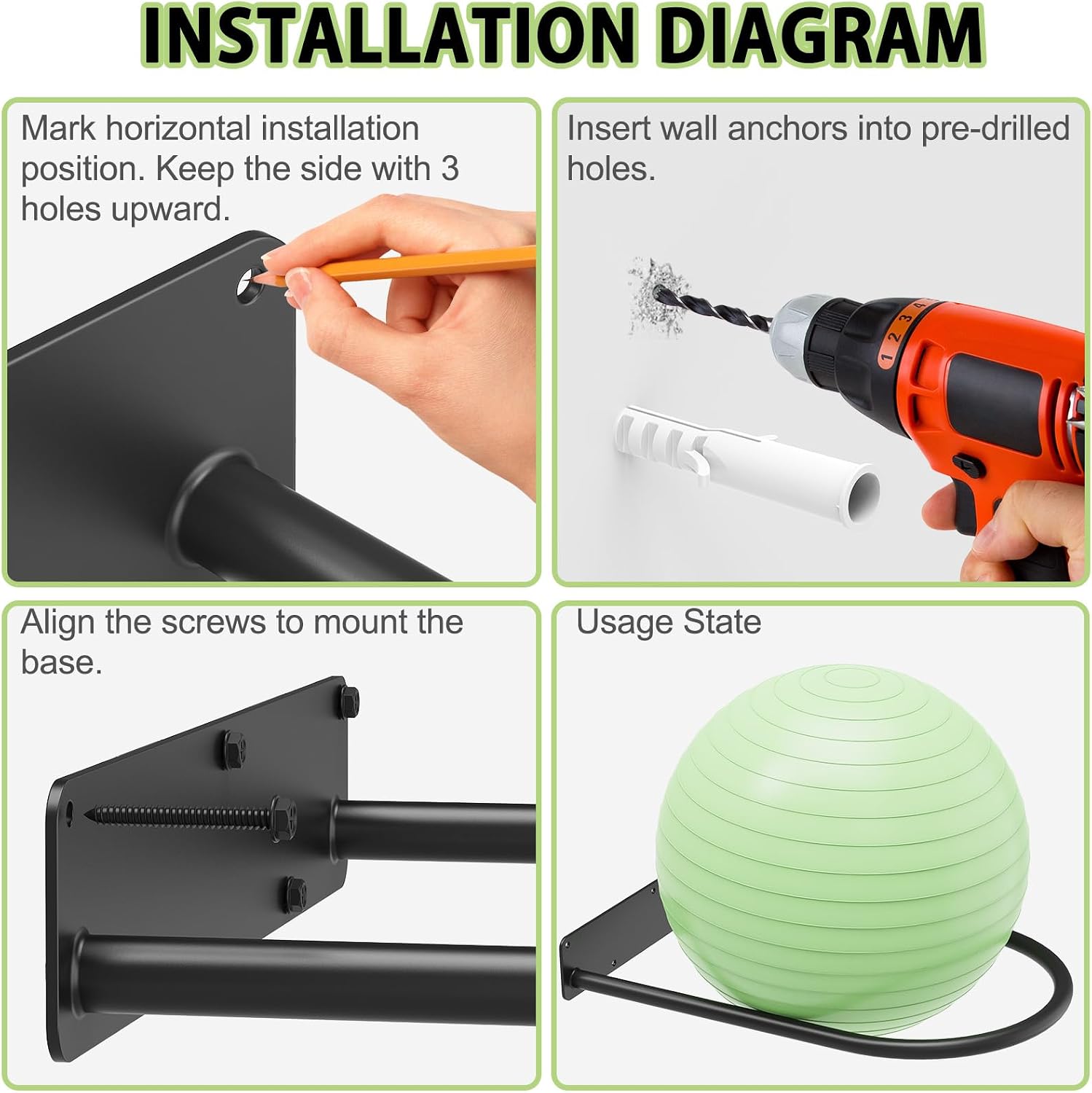Yoga Ball Wall Mount Holder Fits 12-26 Inch Fitness Balls （Black） | Ball Base Suitable For Stability Ball，Exercise Ball，Medicine Ball，Yoga Ball，Swiss Ball，Balance Ball，Therapy Ball