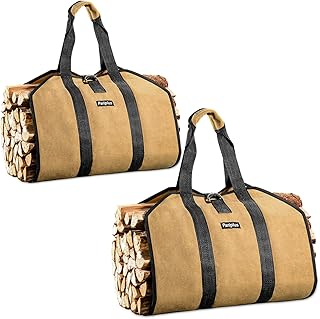 2-Pack Firewood Carriers with Handles and Strap - Sturdy Canvas Wood Carrier Bags, Log Carriers Tote for Camping, Fireplace, Wood Stove Accessories - Brown