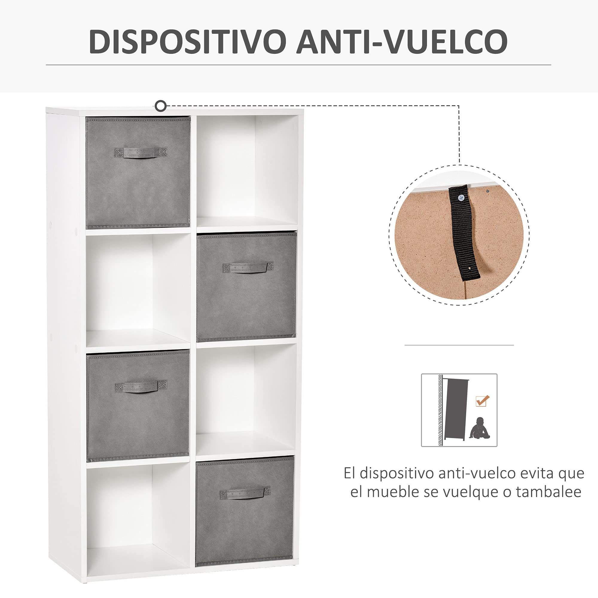 HOMCOM Estantería para Libros 8 Cubos, 61,5x30x121,6 cm Blanco y Gris | Librería Modular, 2 Cajones Extraíbles Tela no Tejida, Oficina Estudio Dormitorio