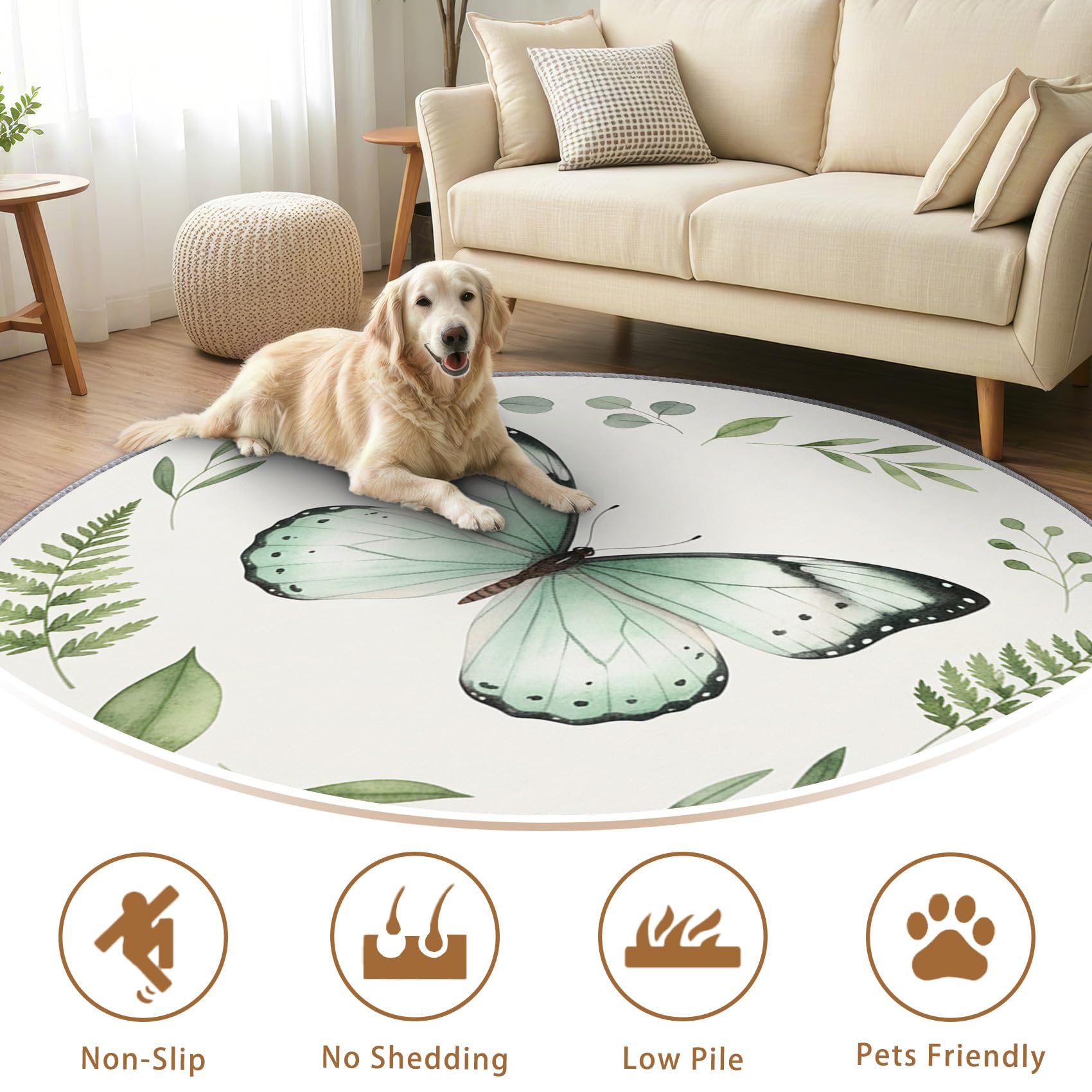 Schmetterling Teppich Rund 120cm Kurzflor - Waschbare Teppiche Wohnzimmer Mädchen Blätter Grün Boho Schmetterlinge - Runder Teppich 120 Durchmesser Kinderzimmer - Bettvorleger rutschfest