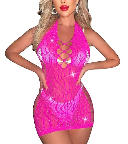 Kimfeng Womens Lingeries Fishnet Lingerie for Women Sexy Club Outfit Fishnet Bodycon Dress Chemise Babydoll - One Size - Tz1328-rosered