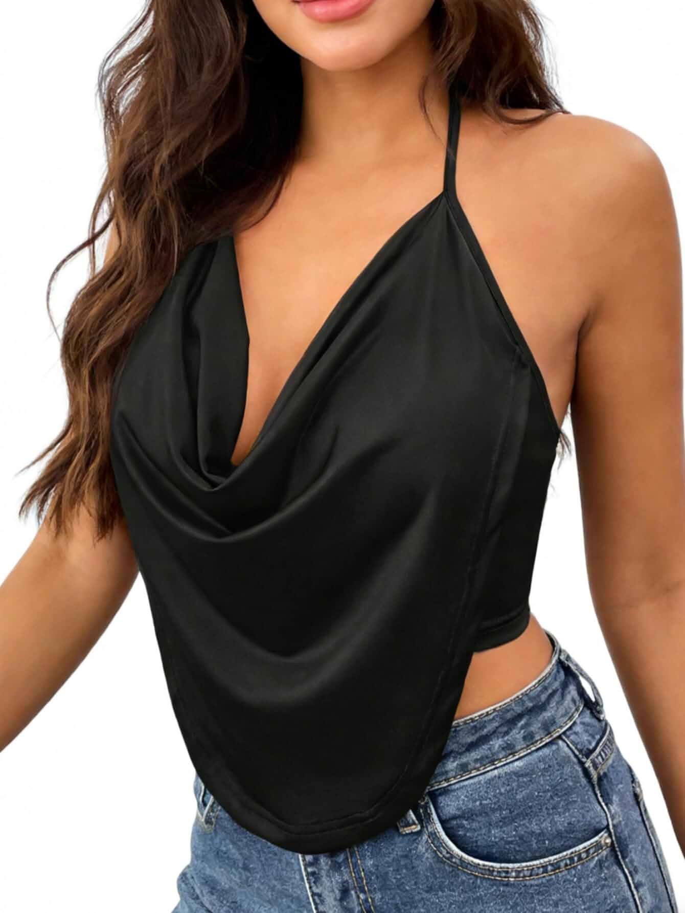 OYOANGLE Women's Y2K Halter Tops Draped Plunging V Neck Cropped Tank Top Sleeveless, Backless, Rave Party Shirts, Cowl Neck Halter Top, Going Out Tops, 2026 Outfits
