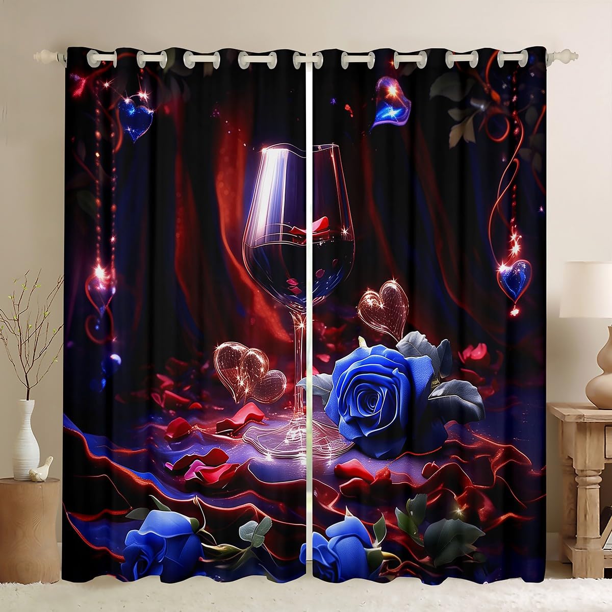 Red Wine Curtains for Living Room,Love Hearts Romantic Valentine's Day Theme Window Drapes Bedroom Blackout 30%-50%,Mystic Blue Roses Flowers Starry