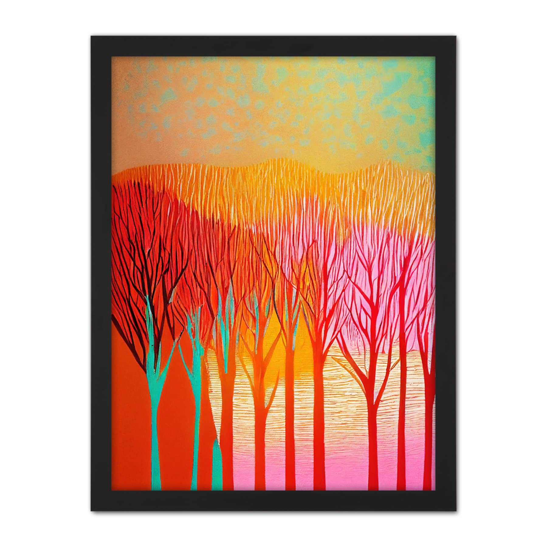 Doppelganger33 LTD Forest Treetops Linocut Illustration Vibrant Bold Artwork Framed Wall Art Print 18X24 Inch