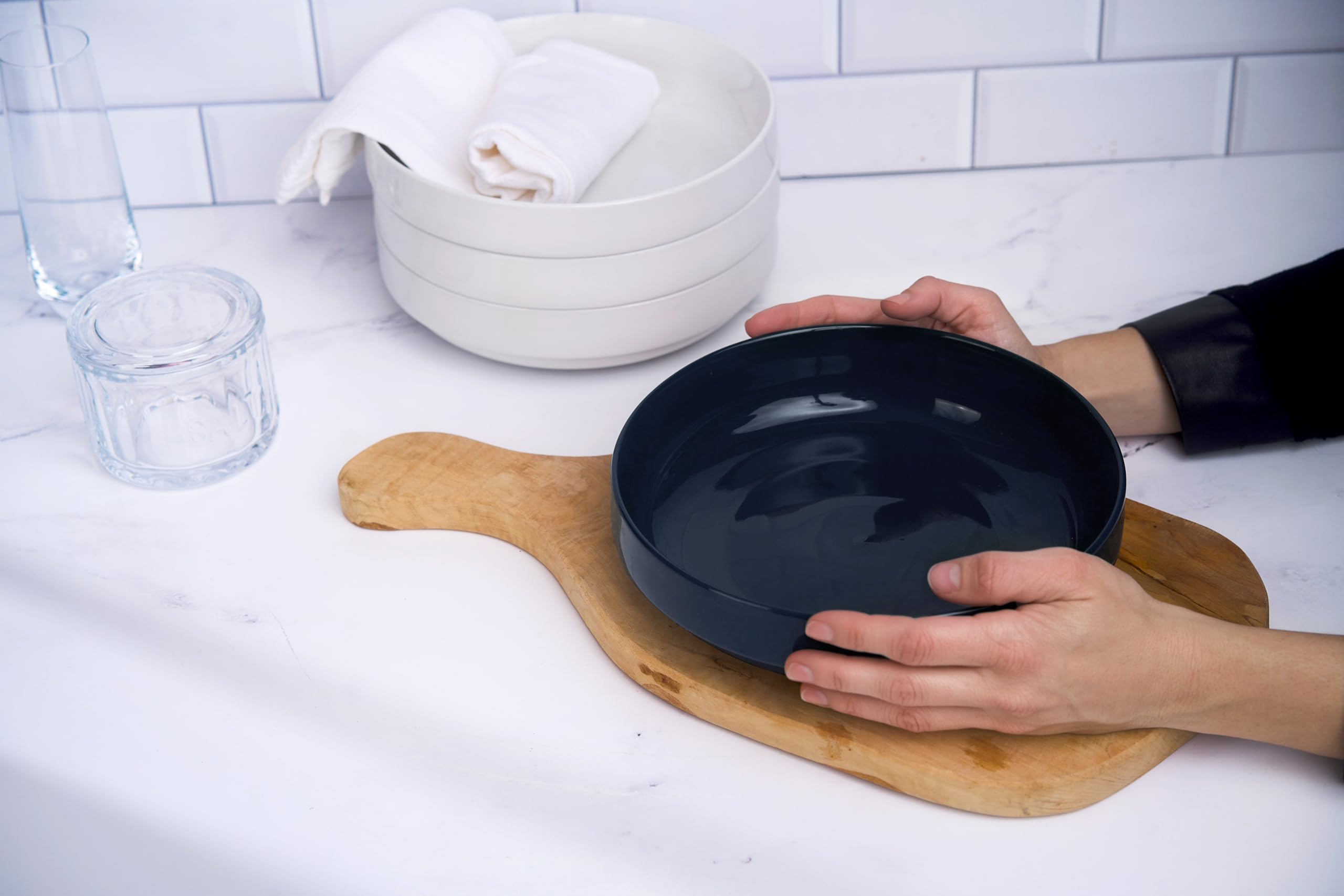 KooK Lot de 4 bols à pâtes en céramique, larges et peu profonds, bleu marine