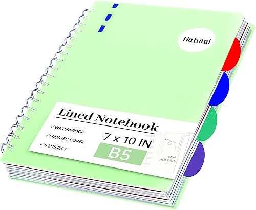 Cuaderno de espiral con rayas anchas de 5 materias con pestañas divisorias de 7.3 x 10.3 pulgadas, cuadernos grandes a rayas para trabajo, 206