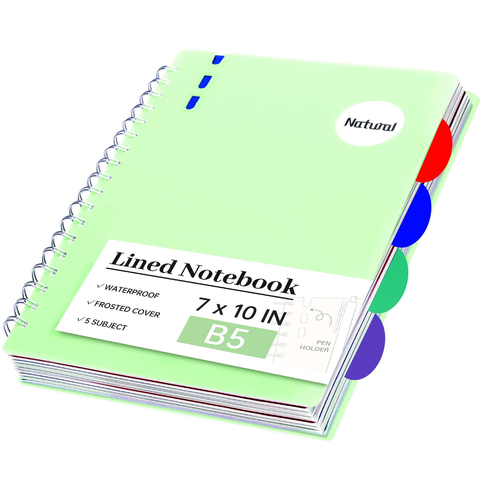 Yoment 5 Subject Notebook with Tabs Dividers B5 Spiral Notebook, 7" X 10" Lined Journal Notebooks for School Office Work, 206 Pages Notebooks for Women Men School Meeting, Green