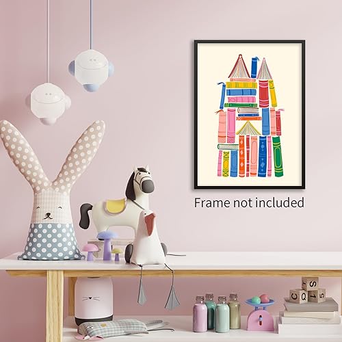 Miniatura 6 de WOFUPMY Pósteres de arte de pared de castillo, libros coloridos, biblioteca, retro, estética, impresión en lienzo para aula, cuarto de bebé,