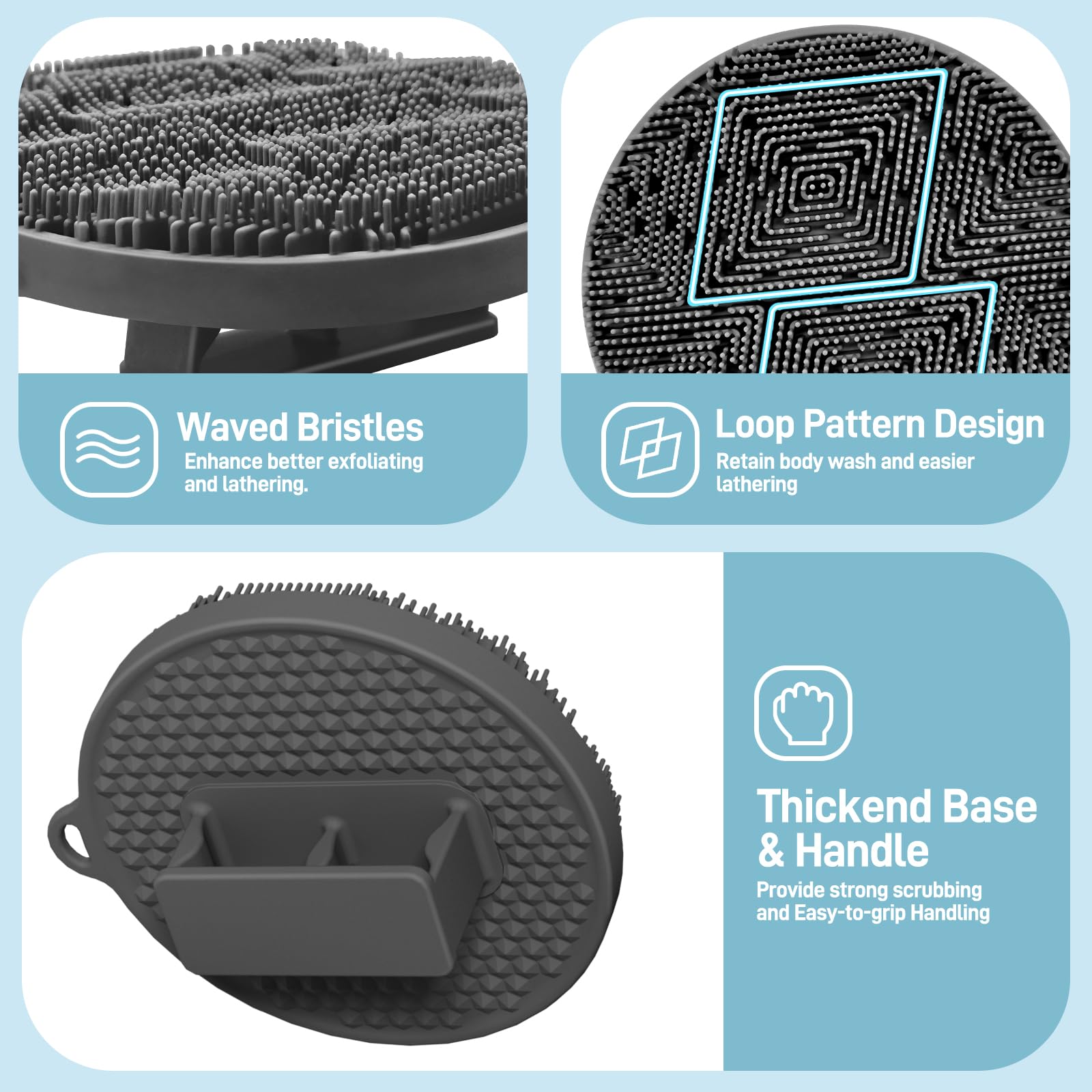 Juego de alfombrilla de silicona para pies de ducha y limpiador corporal de silicona, limpiador de espalda grande montado en la pared para limpiar, exfoliar y masajear sin doblarse (gris +