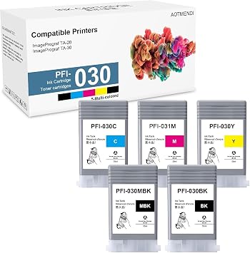 PFI-030 PFI-031 Ink Cartridge Set 55ml Pigment PFI-030MBK PFI-030BK PFI-030C PFI-031M PFI-030Y Ink Tank Replacement for Canon imagePROGRAF TA-20 TA-30 5-Pack