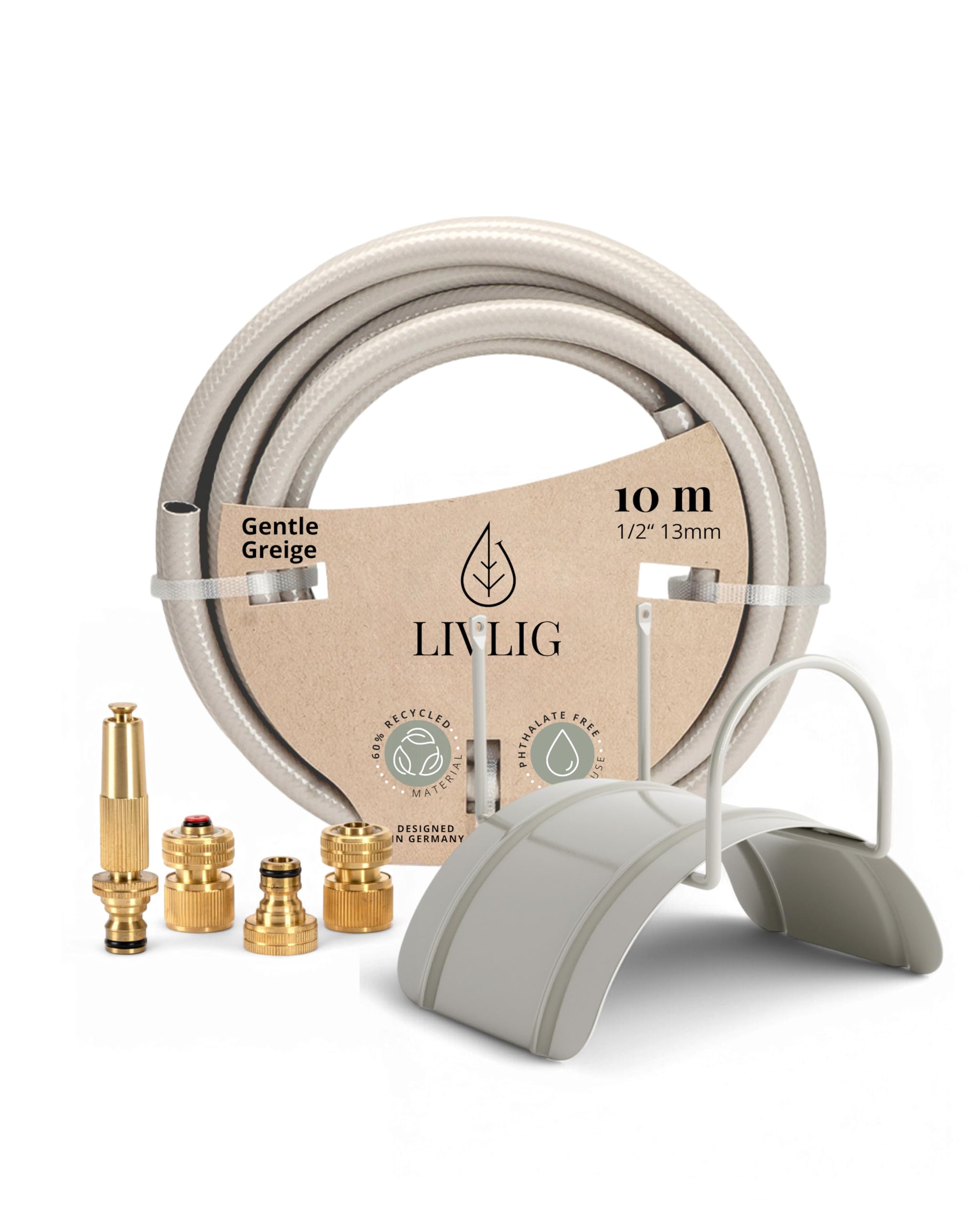 LIVLIG - Tubo da giardino da 10 m, tubo flessibile premium con supporto per tubo e siringa da giardino in ottone, tubo di irrigazione con attacco per tubo da 1/2", set di irrigazione in greige