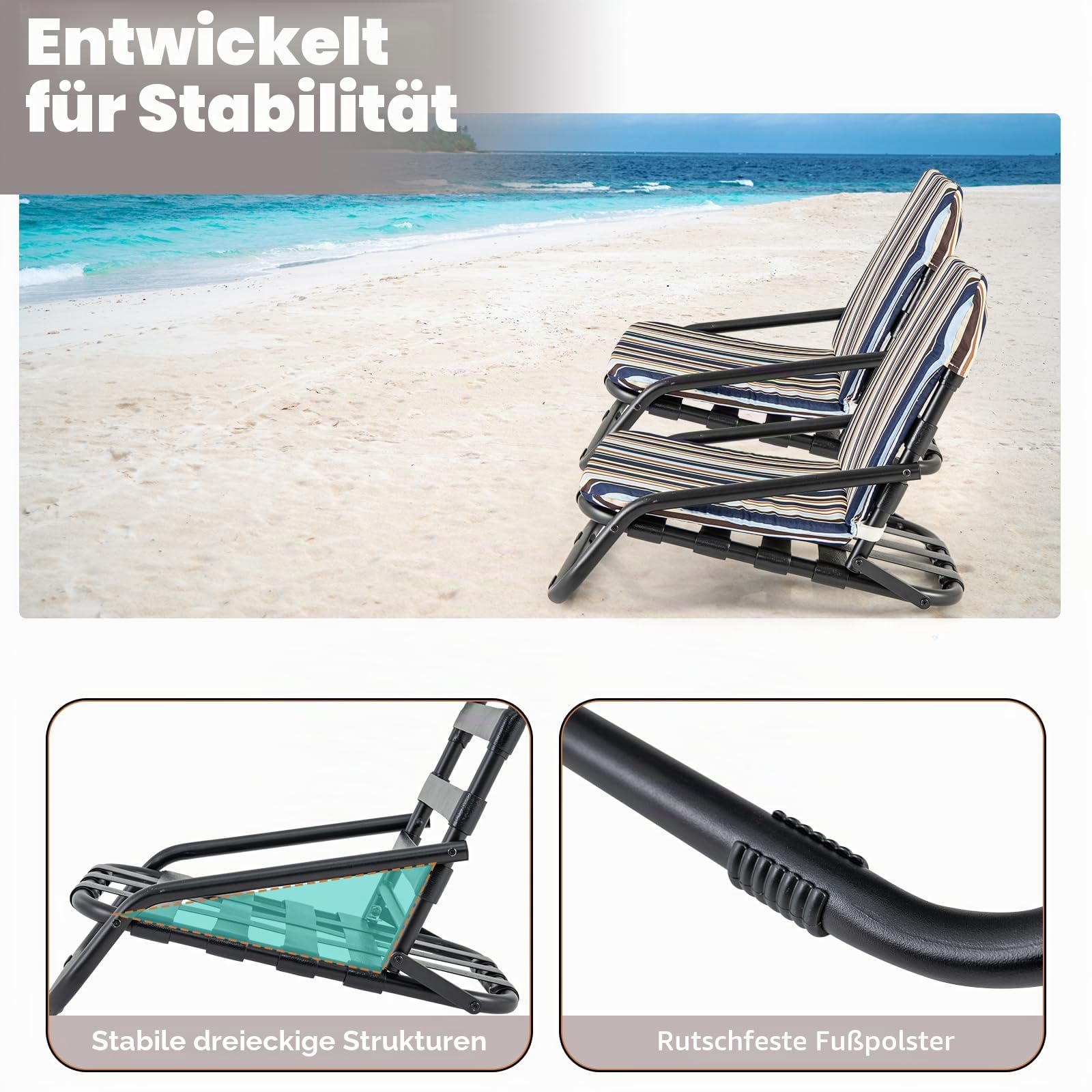 KOMFOTTEU 2er Set Strandstühle, Campingstühle faltbar mit weichem Kissen, Klappstühle mit Schultergurten, Strandkorb mit rutschfesten Füßen, für Picknick, Garten, Camping, 67 x 50 x 46 cm