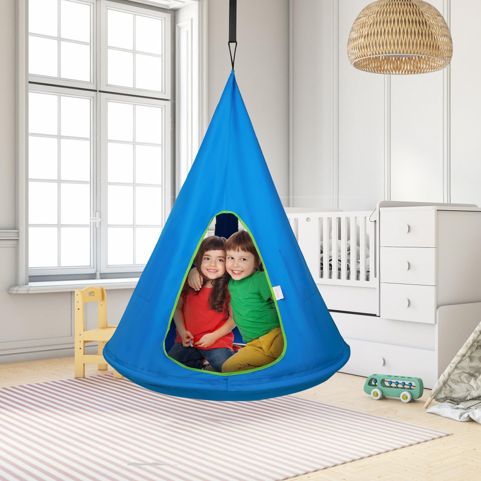 VEVOR Nid Hamac d'enfants 100x132 cm Chaise Balançoire Suspendu Intérieur Extérieur Capacité de Charge 113 kg avec Corde Réglable Installation Simple pour Salon, Chambre, Pelouse, Jardin, Bois, Bleu